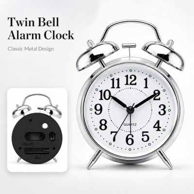 Round Copper Metal Twin Bell Alarm Clock – Non-Ticking Retro Desk Clock with Loud Ring for Morning Wake Up (Durable Metal Design)